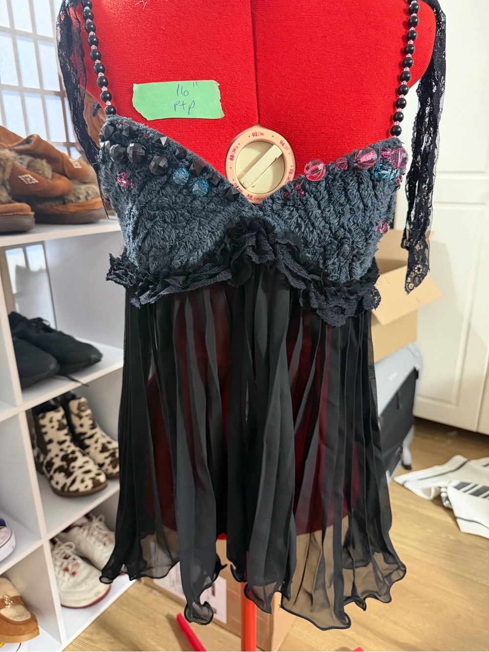 Black Lace & Chiffon Babydoll Top with Beaded Detail